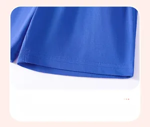 Detail of double-needle stitching on the hem of blue cartoon striped boys' summer set