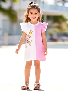 Little Girls Cotton Summer Dress Unicorn Print Flutter Sleeve Color Blocked Casual Party Princess Dress Kids Clothes