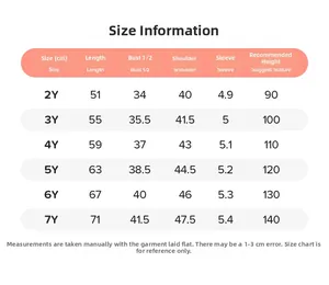 Detailed size chart for girls summer tulle dress covering ages 2Y to 7Y in centimeters