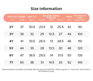 Size chart for girls cartoon summer clothing set covering ages 2 to 7 years old