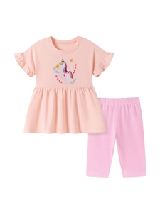Girls peach cotton unicorn outfit with ruffled short sleeves and striped leggings