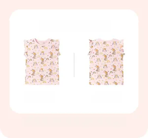 Front and back detail of pink summer cotton top with rabbit prints and ruffle shoulders