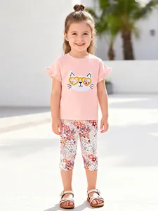 Little Maven Ensemble Vêtements Été Filles Haut Chat Rose Et Pantalon Fleuri Coton Respirant Tenue Décontractée Enfants