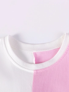 Short sleeve pink and white patchwork cotton t-shirt for girls with ribbed crew neck detail