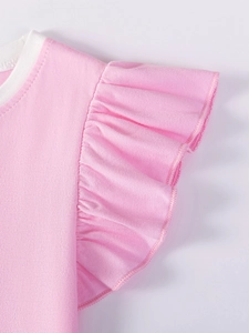 Pink cotton girls dress with ruffle sleeves and white knit neckline detail