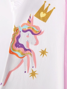White cotton girl's dress featuring rainbow unicorn print and gold glitter sequins