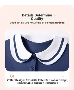 Detail showing Peter Pan collar with blue stripes and buttons on cotton girl's dress