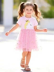 Robe de Princesse Licorne Rose pour Filles Tulle Étoile à Paillettes Coton Manches Courtes pour Fête d'Anniversaire Été