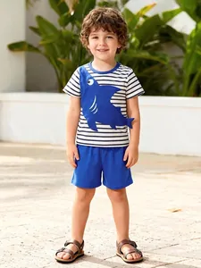 Boys Summer Shark Striped Clothing Set Short Sleeve T-shirt And Shorts Cotton Casual Western Style Two Piece Kids Outfits
