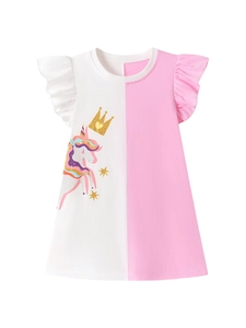 Short sleeve cotton dress for girls with rainbow unicorn print and ruffle sleeves
