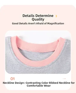 Close-up of pink contrast ribbed neckline on grey cotton kids set with neat stitching