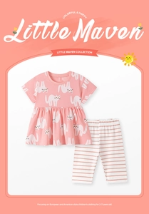 Detail of pink girls' short-sleeve top with cat print and red striped leggings