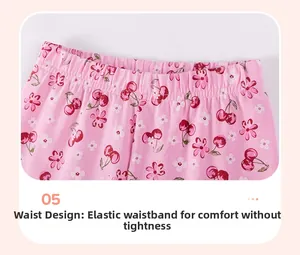 Detail of elastic waistband on girls pink floral shorts with cherry print pattern