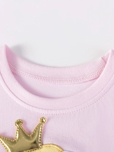 Robe rose en coton pour filles avec broderie couronne dorée et col rond en maille côtelée
