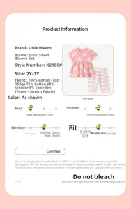Detail of pink cotton cat top and striped pants showing fabric specs and size info