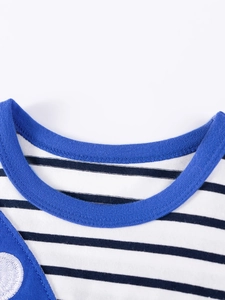 Boy's summer striped cotton set with blue ribbed neckline and white embroidery detail