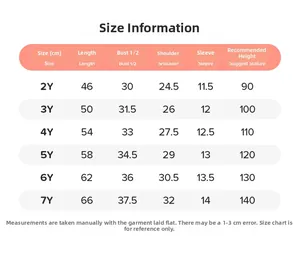 Detailed size chart for short sleeve cartoon girls dress showing measurements from 2Y to 7Y