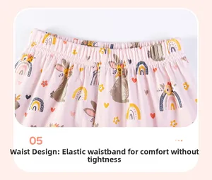 Close-up of flexible elastic waistband with cute bunny and rainbow cartoon prints