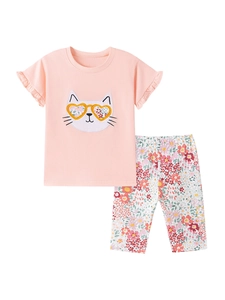 Ensemble d'été pour filles en coton avec t-shirt chat et pantalon imprimé floral