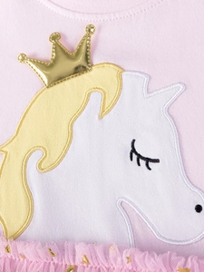 Robe rose pour filles avec broderie licorne, couronne dorée et jupe en tulle