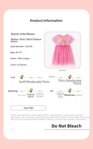 Tableau des tailles et guide d'entretien pour robe licorne en tulle pour filles en coton