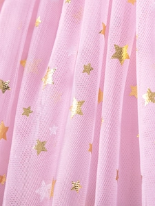 Robe d'été en tulle rose pour filles avec motifs étoiles dorées et détails en mesh