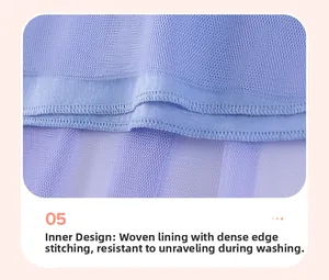 Detail of soft purple inner lining and high-density stitching on the girl's mesh tutu dress