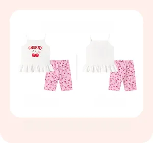 Girl's summer cherry print tank top and legging set shown in front and back flat lay view