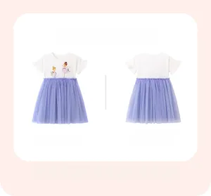 Front and back view of girls' white cotton ballet print dress with lilac tulle skirt