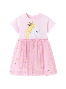 Robe rose à manches courtes pour filles avec motif licorne et jupe en tulle pailletée