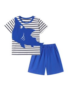 Toddler boys summer set featuring white striped shark t-shirt and blue cotton shorts