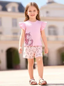 Mädchen Sommer Baumwolle T-Shirt Und Shorts Rosa Einhorn Outfit Lässig Süß Ruffle Ärmel Top Und Hose Set Für Alltag