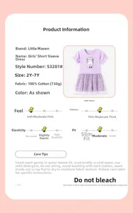 Détail d'une robe violette en coton pour fille avec jupe en tulle et motif chat