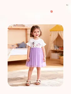 Detail of girl's summer dress with white ruffle sleeves and purple mesh tulle skirt