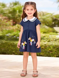 Little Maven Girls Cotton Short Sleeve Dress With Peter Pan Collar Cartoon Horse Embroidery Casual Summer A-Line Dress