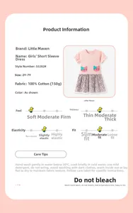 Détail de la robe rose en coton pour fille avec chat et jupe plissée à fleurs