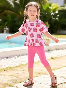 Girls Summer Clothing Set Cotton Pink Cherry Bowknot Print Short Sleeve Ruffle Top And Pants Outfits For Kids