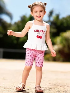Girls Summer Cotton Tank Top And Shorts Set Cherry Print Ruffle Hem Sleeveless Two Piece Outfit Daily Clothing For Kids