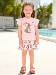 Toddler Girls Summer Cotton Clothes Top And Shorts Pink Bunny Rainbow Print Flutter Sleeve Ruffle Outfit For Kids