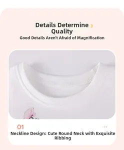Macro detail of the round neckline and floral print on a white cotton girl's dress