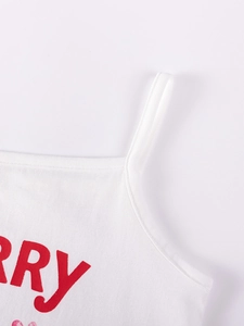 Girls white knit tank top with red cherry print and delicate shoulder straps