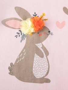 Pink cotton girls t-shirt featuring a cute cartoon rabbit with 3D floral accents