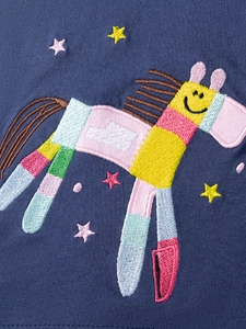 Navy blue short sleeve girls dress featuring colorful cartoon horse embroidery details