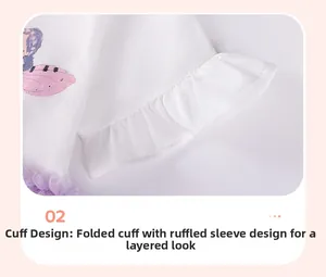 Detail of ruffled elastic cuffs and purple floral print on white cotton dress