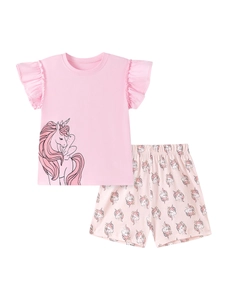 Rosa Einhorn-Pyjama-Set für Mädchen mit Rüschenärmeln aus Baumwolle T-Shirt und kurzen Hosen