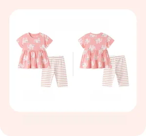Detailed front and back view of a pink girls' summer set with cat print and striped pants