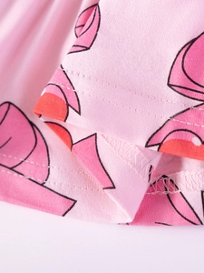 Pink cotton knitted girls summer outfit set with cute cartoon pattern and fine stitching