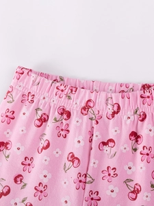Pink girls cotton leggings with cherry and floral print and elastic waistband