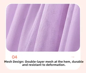Detail of purple double-layer mesh fabric with ruffled hem design for girls' dress