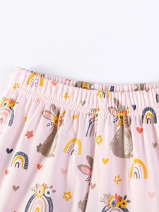 Toddler girl cotton pants with pink rabbit and rainbow print and elastic waist